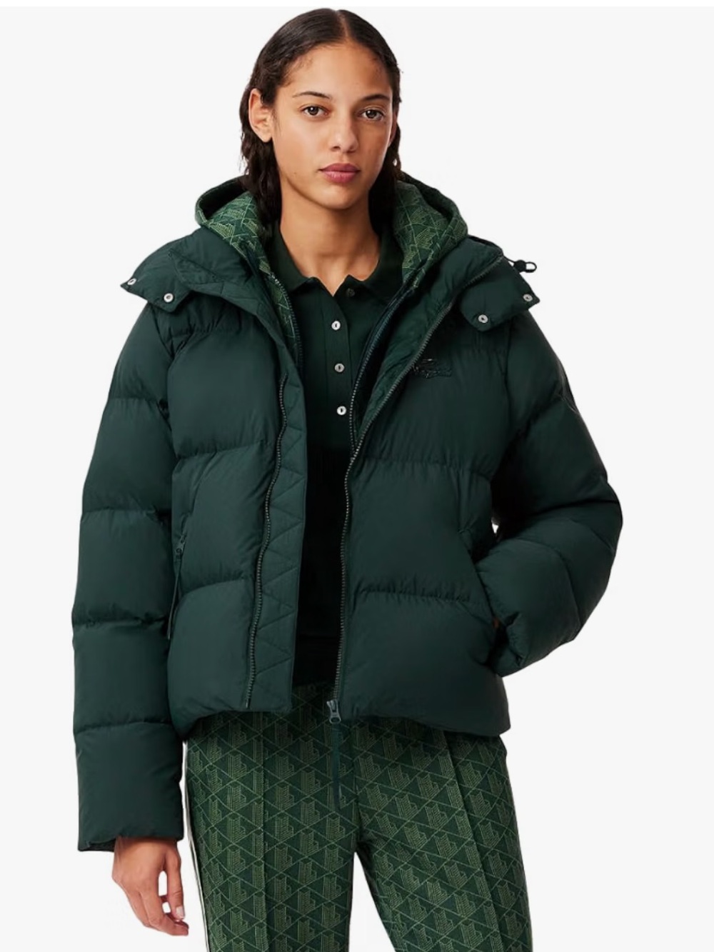 Lacoste Women's Relaxed Fit Hooded Down Jacket in the "Sinople" green colorway